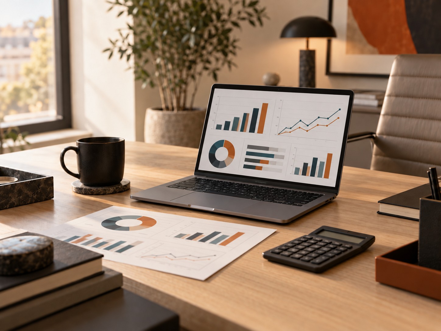 Escritorio con un computador portátil que muestra gráficos de barras y líneas, informes impresos y una calculadora. Datos / BI