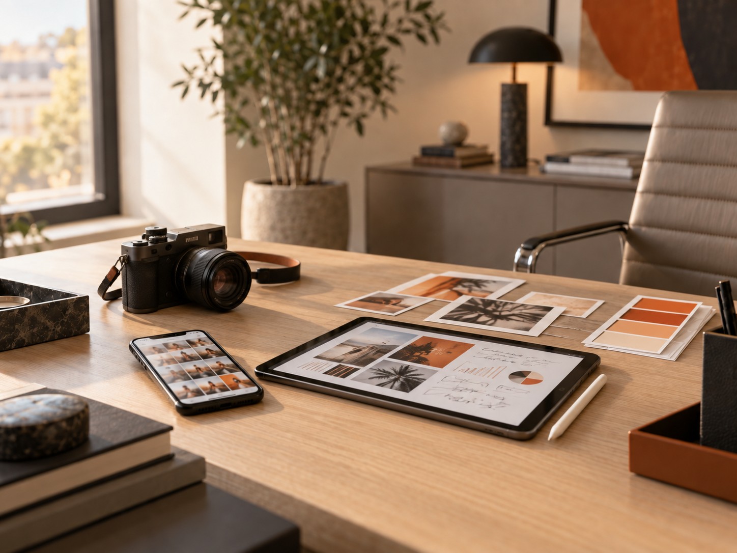 Escritorio con cámara fotográfica, teléfono, tableta con un tablero de contenidos y muestras de color. Marketing digital
